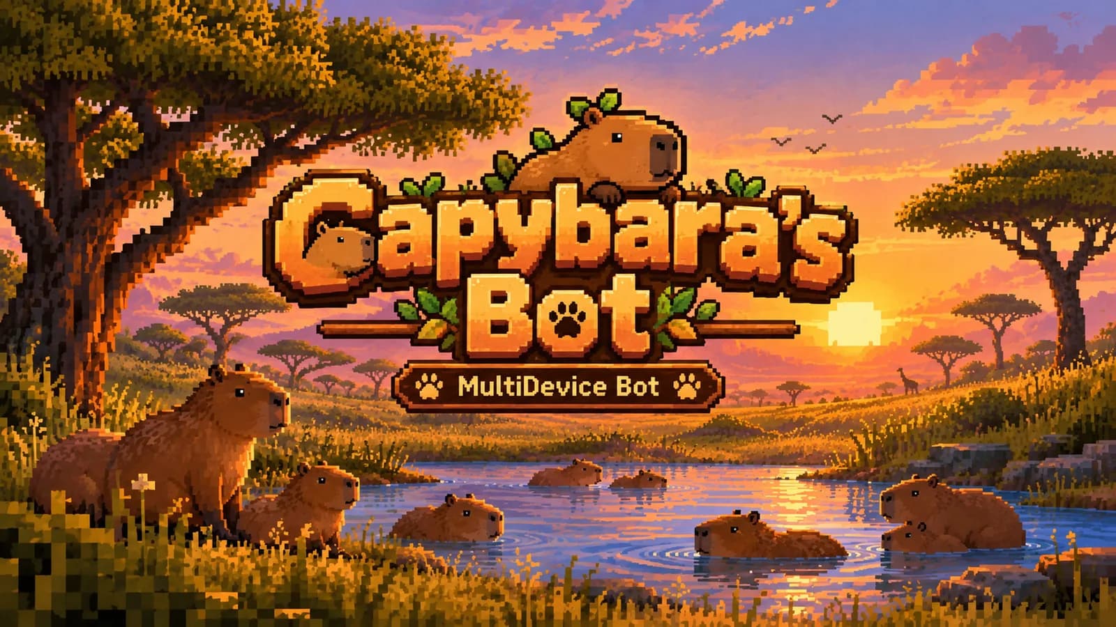 Pixel-art banner: Capybara’s Bot, MultiDevice Bot — capybaras relaxing by a pond at sunset